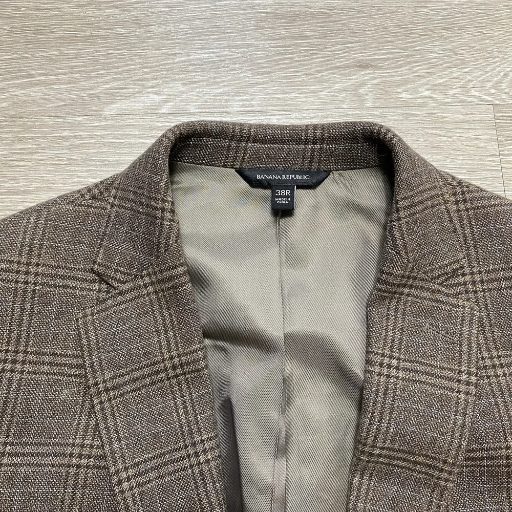 Banana Republic Glen Plaid Blazer Men's 38R Slim Fit Brown Cotton T.B.M. Fabric